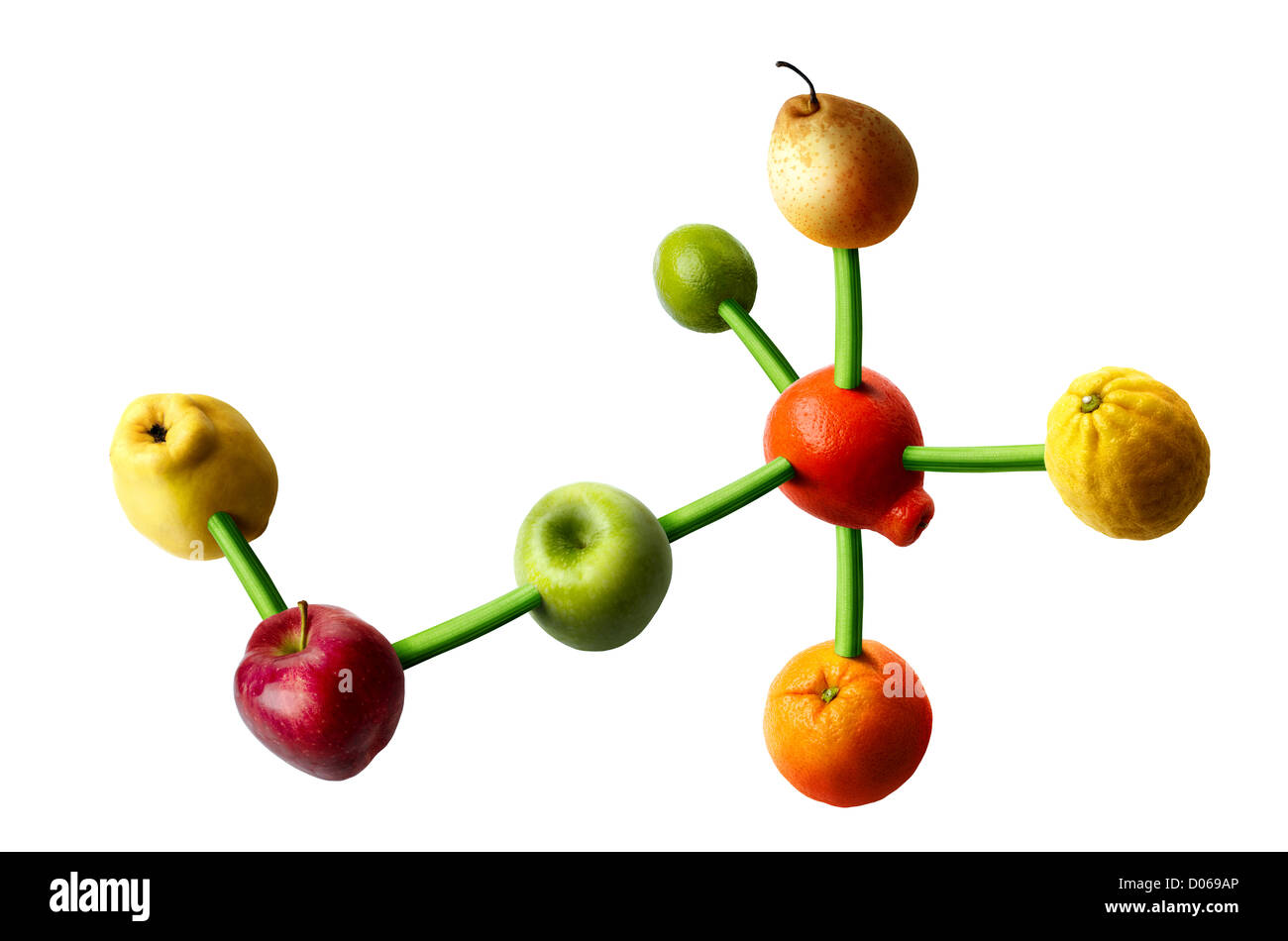 Collegate i frutti a forma di struttura molecolare. Concetto di vitamine dieta. Foto Stock