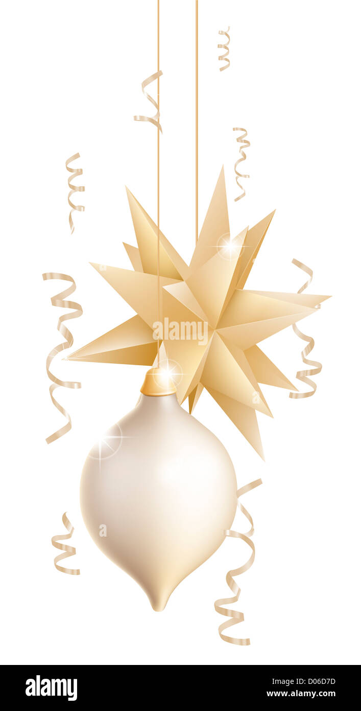 Illustrazione di due belle oro e White Christmas tree baubles o decorazioni uno a forma di stella Foto Stock