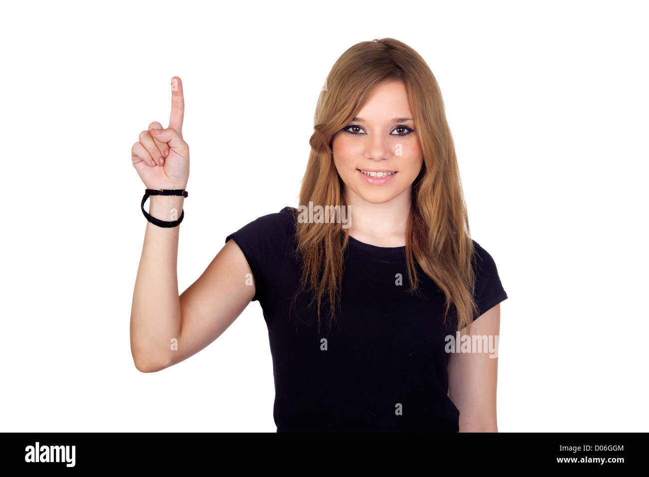 Vincitore donna bionda con camicia nera chiedendo la parola isolata su sfondo bianco Foto Stock