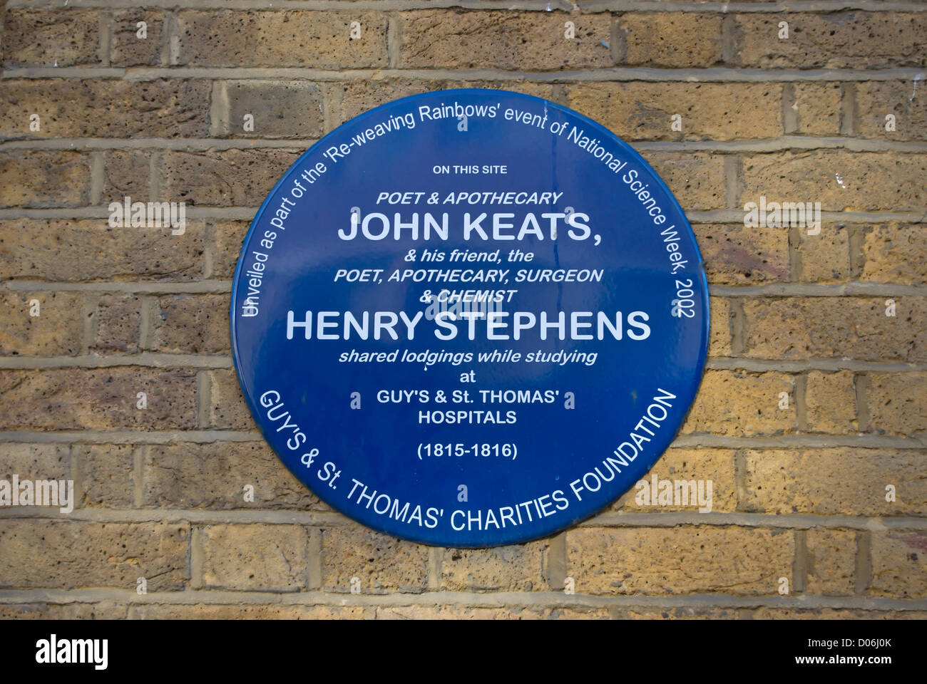 Targa blu segna il southwark casa di John Keats e henry stephens, condiviso mentre studiava al ragazzo e st thomas' ospedali Foto Stock