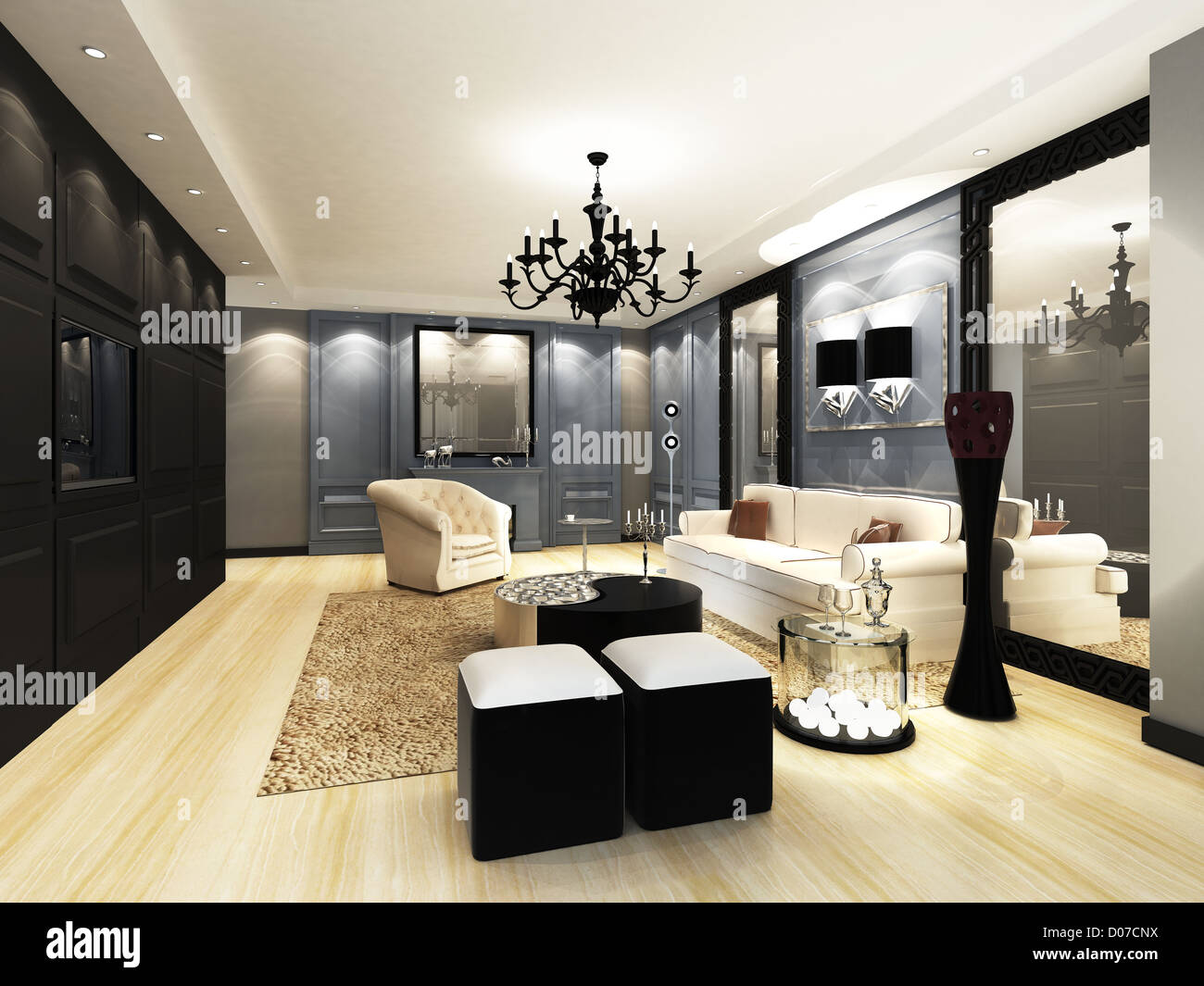 Stanza vivente elegante design in 3D rendering Foto Stock