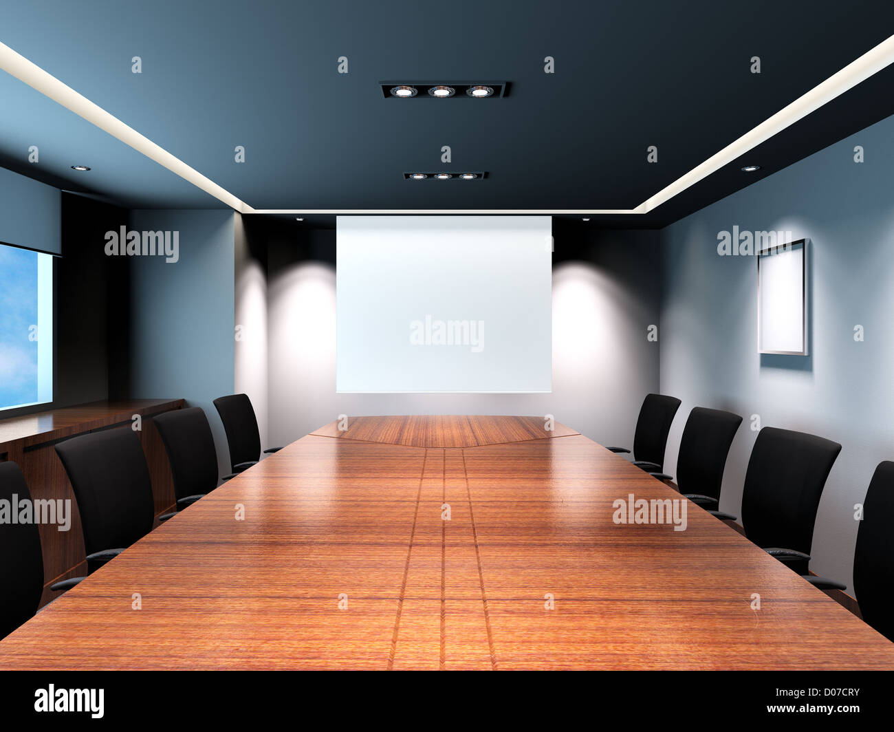 Sala riunioni in ufficio con decor moderno. Uno schermo di proiezione è posto al centro della foto. Foto Stock