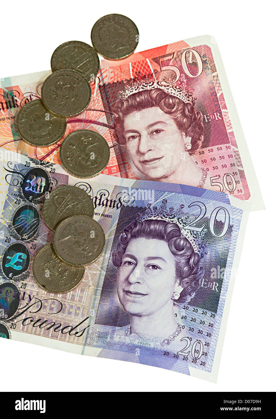 Sterlina inglese di denaro con £50, £20 banconote e monete sterlina REGNO UNITO Foto Stock