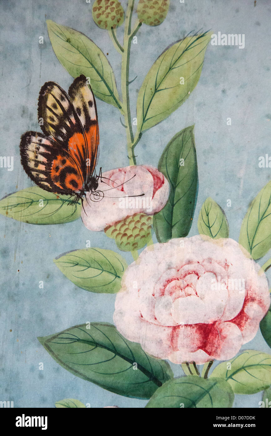 Dettaglio della carta da parati cinese risalente al XVIII secolo salone cinese CHATEAU DE MAINTENON EURE-ET-LOIR (28) FRANCIA Foto Stock