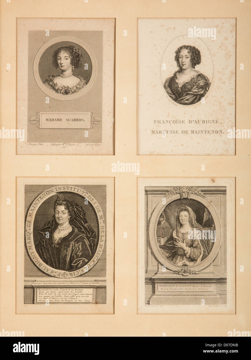 La modifica di FRANCOISE D'A AUBIGNE (1635-1719) la futura Madame de Maintenon incisione esposti nel corridoio che conduce di MARECHAL Foto Stock