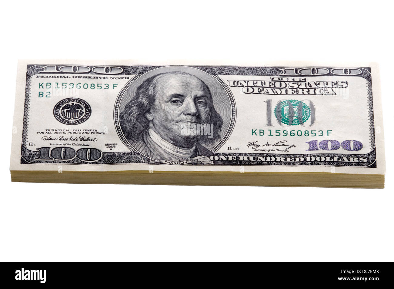 Banconote da cento dollari isolato su bianco in una pila o catasta Foto Stock