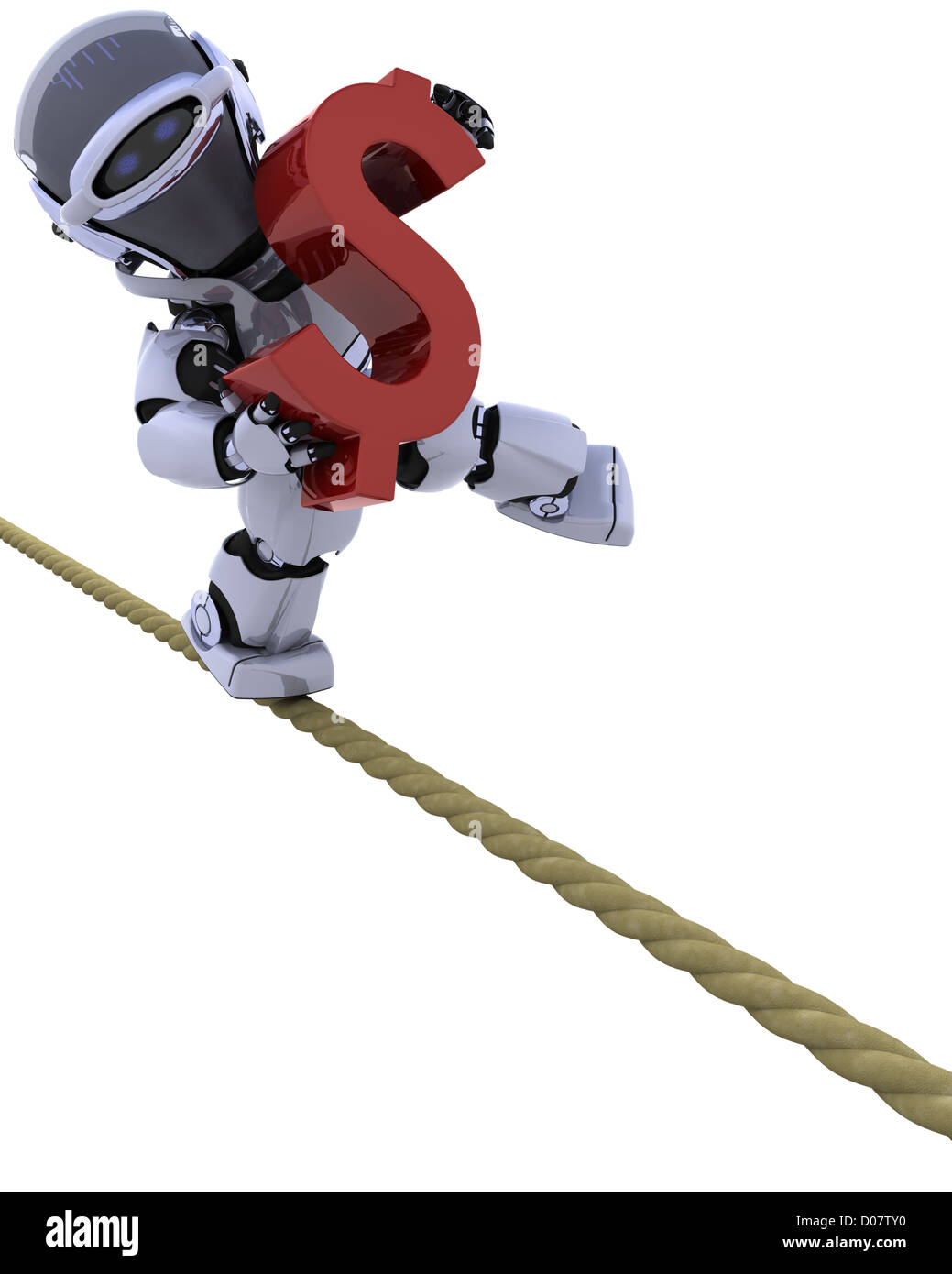 3D render di un robot in equilibrio su una corda Foto Stock