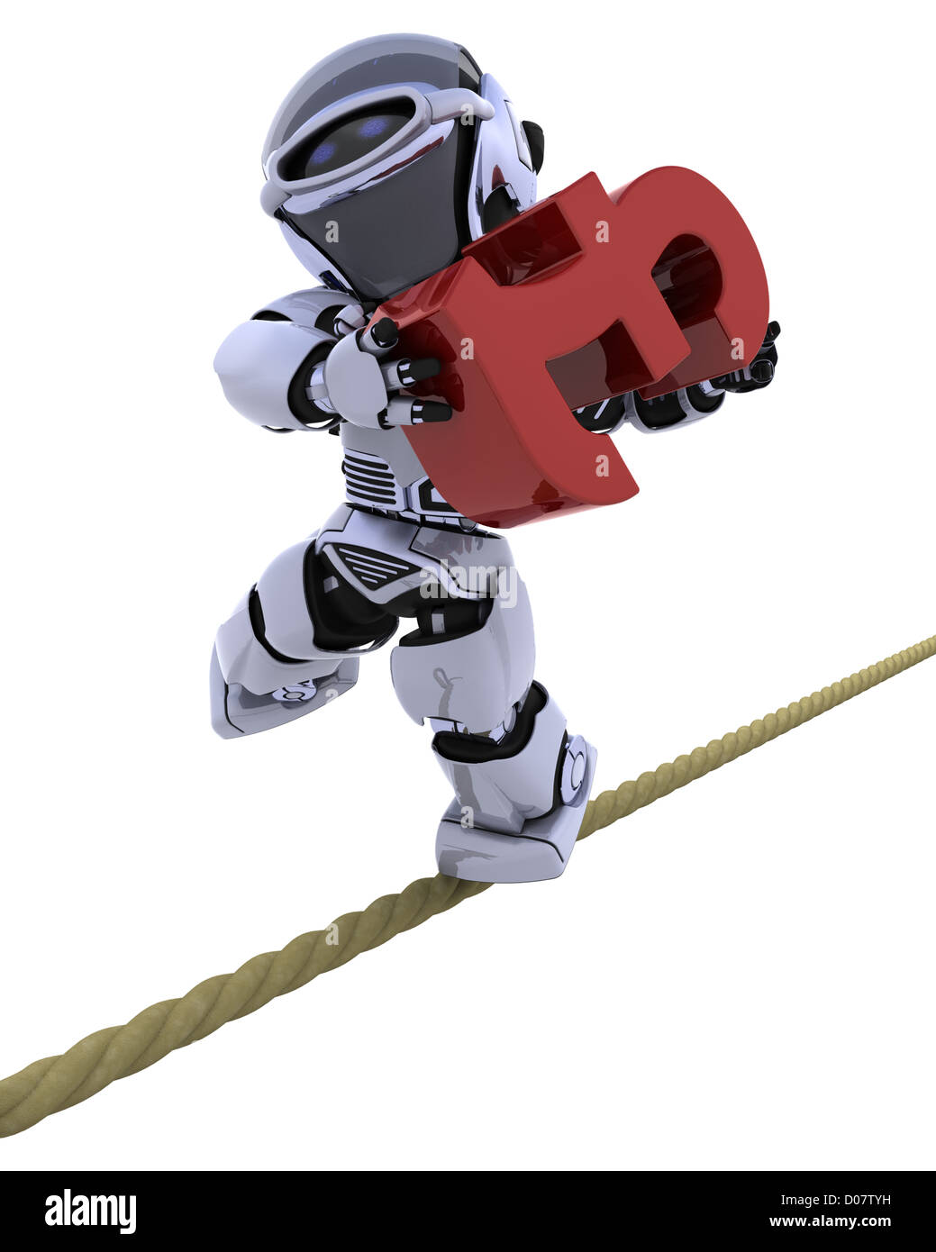 3D render di un robot in equilibrio su una corda Foto Stock