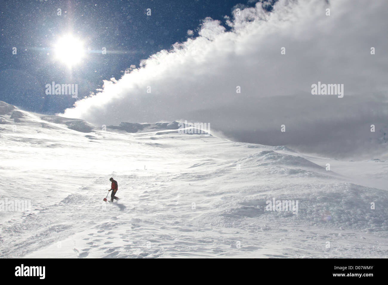 Ski patroller passeggiando per il moto vorticoso di neve in alta venti vicino alla cima del vulcano attivo Monte Ruapehu, Nuova Zelanda. Foto Stock