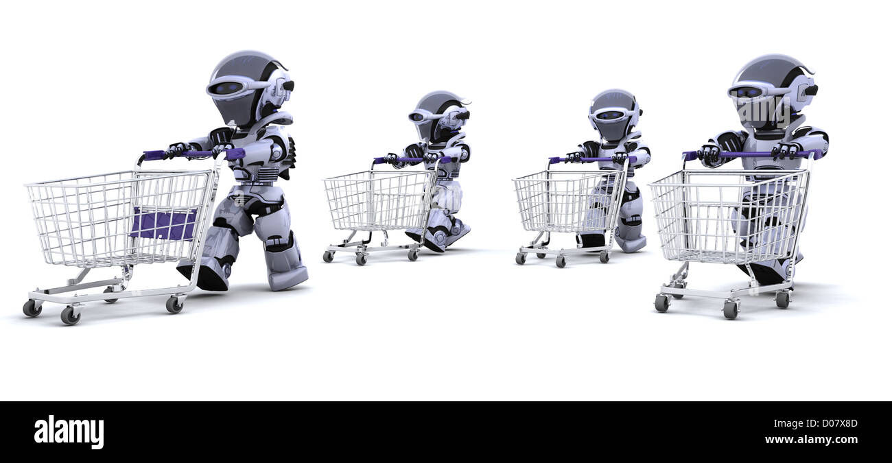 3D render di robot in esecuzione con carrelli di shopping Foto Stock 3D render di robot in esecuzione con carrelli di shopping Foto Stock