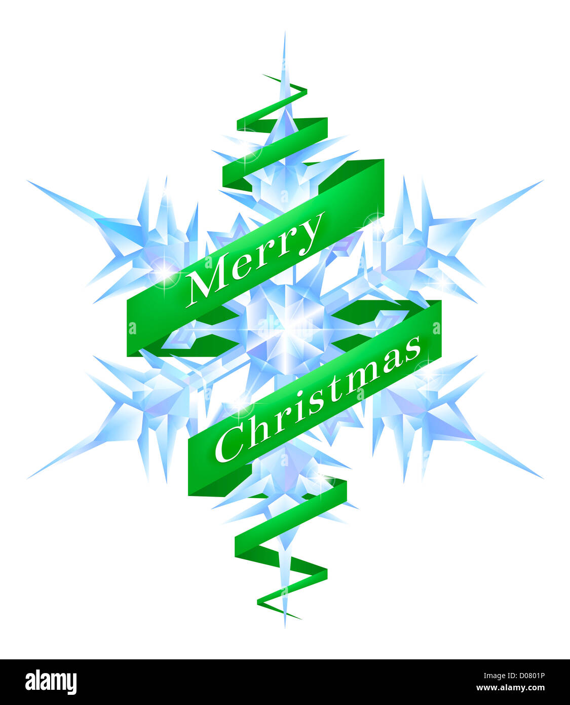 Una illustrazione di un fiocco di neve di Natale con un nastro verde la lettura di Buon Natale avvolto intorno ad esso Foto Stock