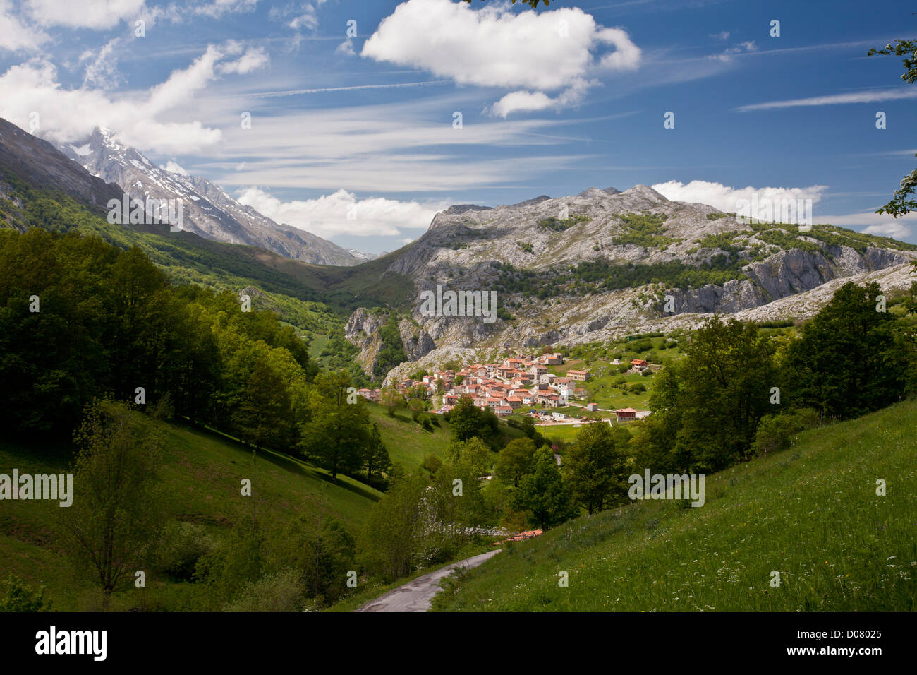 Alti pascoli e boschi che circondano il villaggio di Sotres in primavera; Picos de Europa, Spagna, Europa Foto Stock