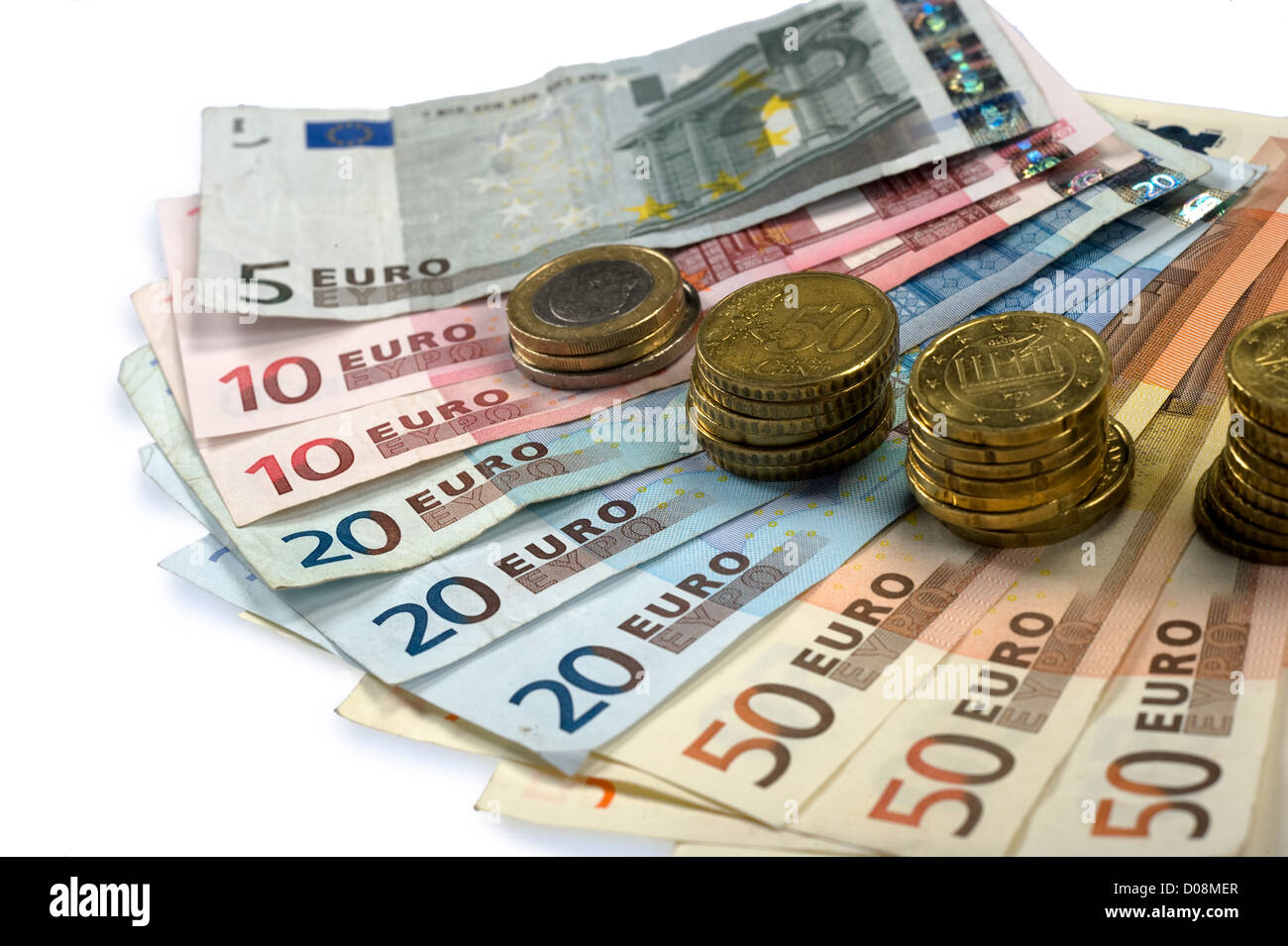 Valuta diversa di carta moneta in euro e monete Foto Stock