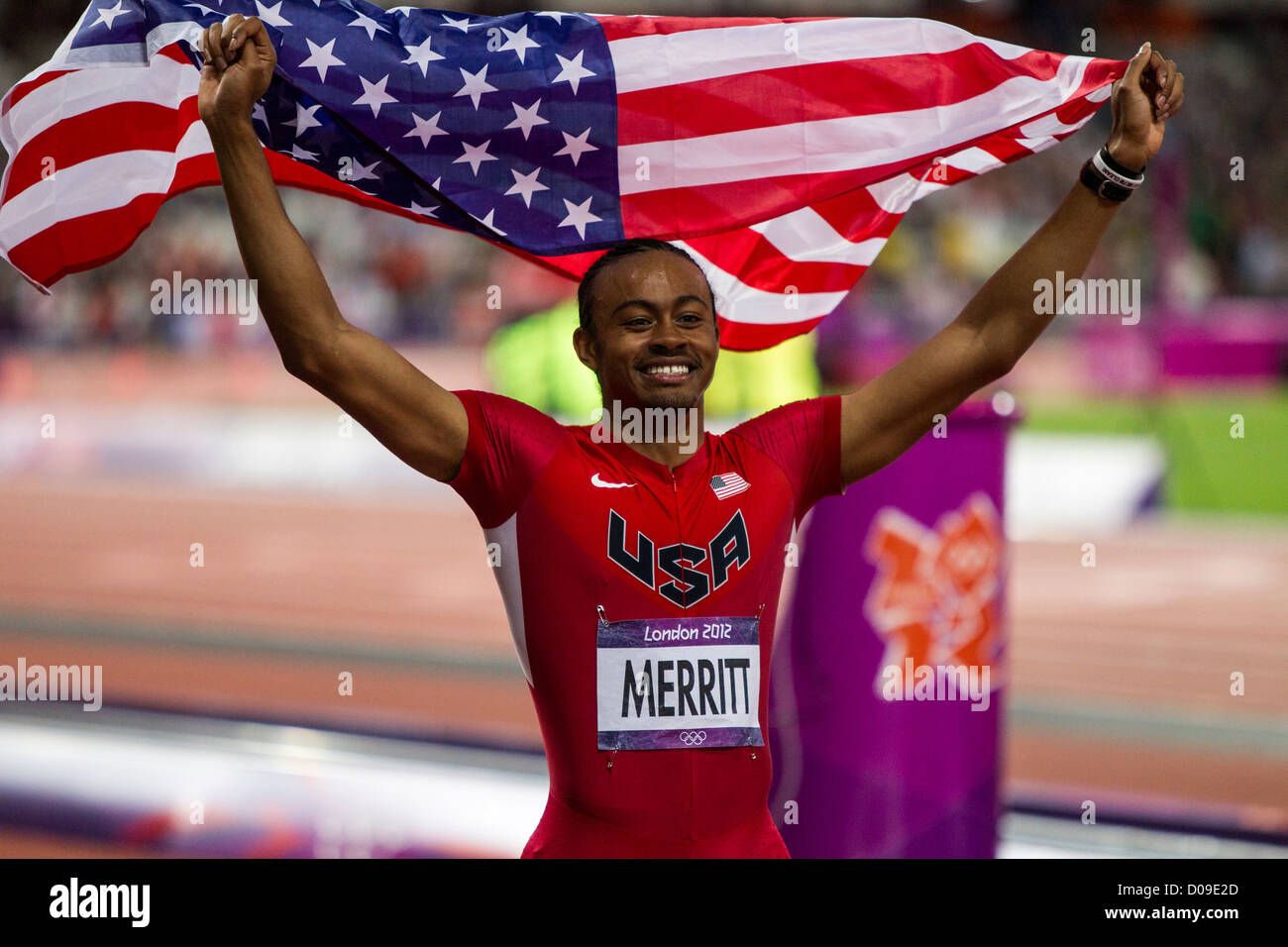 Aries Merritt (USA) medaglia d'oro negli uomini 110m Ostacoli alla Olimpiadi estive, Londra 2012 Foto Stock