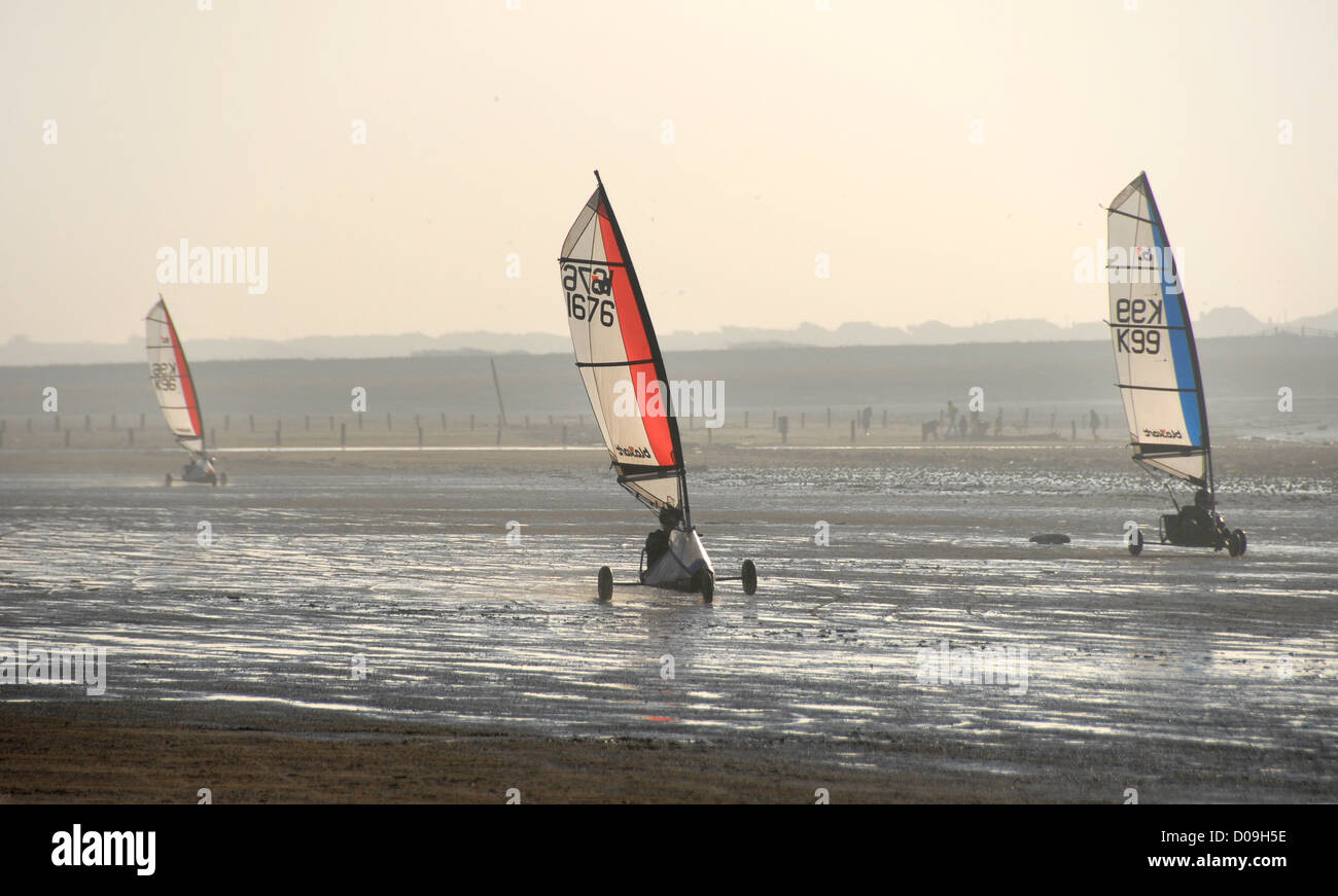 Blokarting, terra vela, sabbia yachting, Weston super Mare, Somerset, Inghilterra, Gran Bretagna, Europa Foto Stock