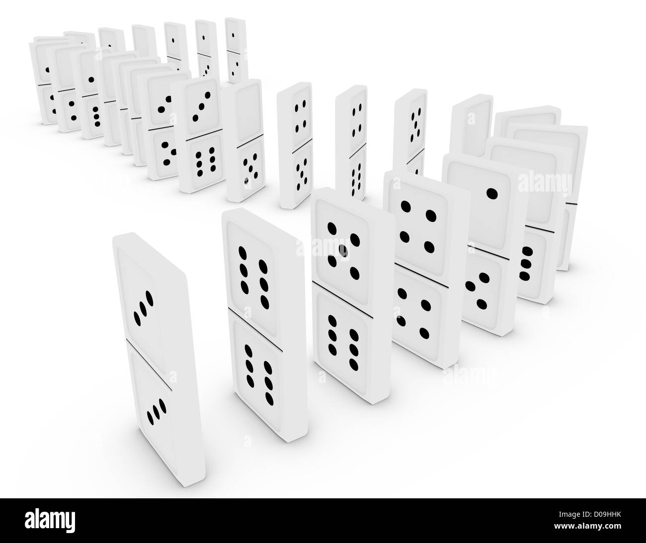 3D Render di Domino in una linea curva Foto Stock