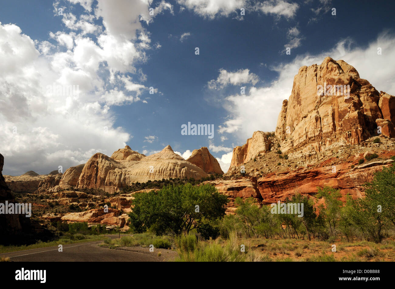 Scogliera di arenaria a Capitol Reef National Park nello Utah. Navajo Dome, un famoso parco landmark, può essere visto in background. Foto Stock