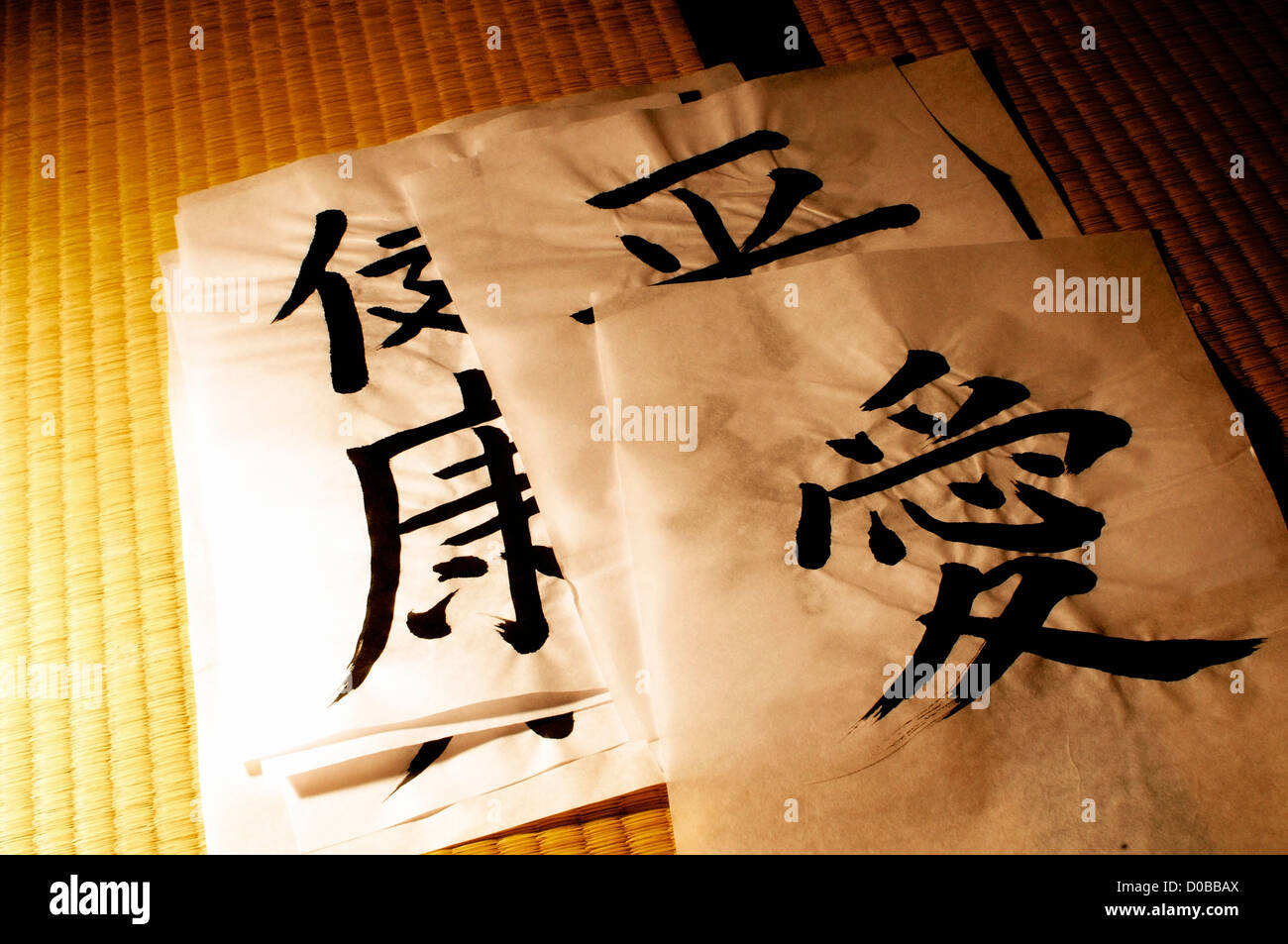 Parole giapponesi, scritto in calligrafia artistica su un tatami Foto Stock