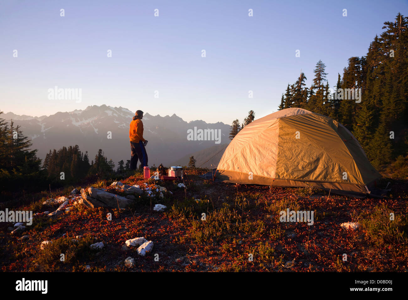 WA07757-00...WASHINGTON - Serata al campeggio al di sopra del lago di bellezza lungo lo skyline Trail nel Parco Nazionale di Olympic. Foto Stock