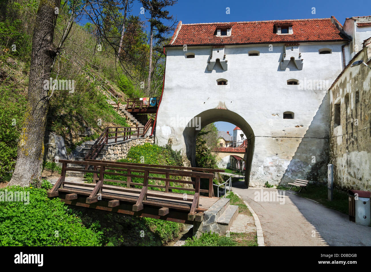 Bastione di innesto è stata eretta nel 1515-1521, oltre lo stesso nome canale d'acqua su Brasov fortezza medievale, Romania. Foto Stock