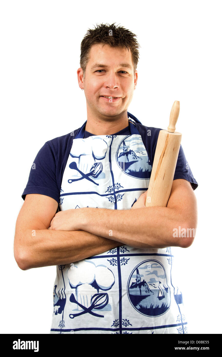 Happy cook con il matterello, isolato su sfondo bianco Foto Stock