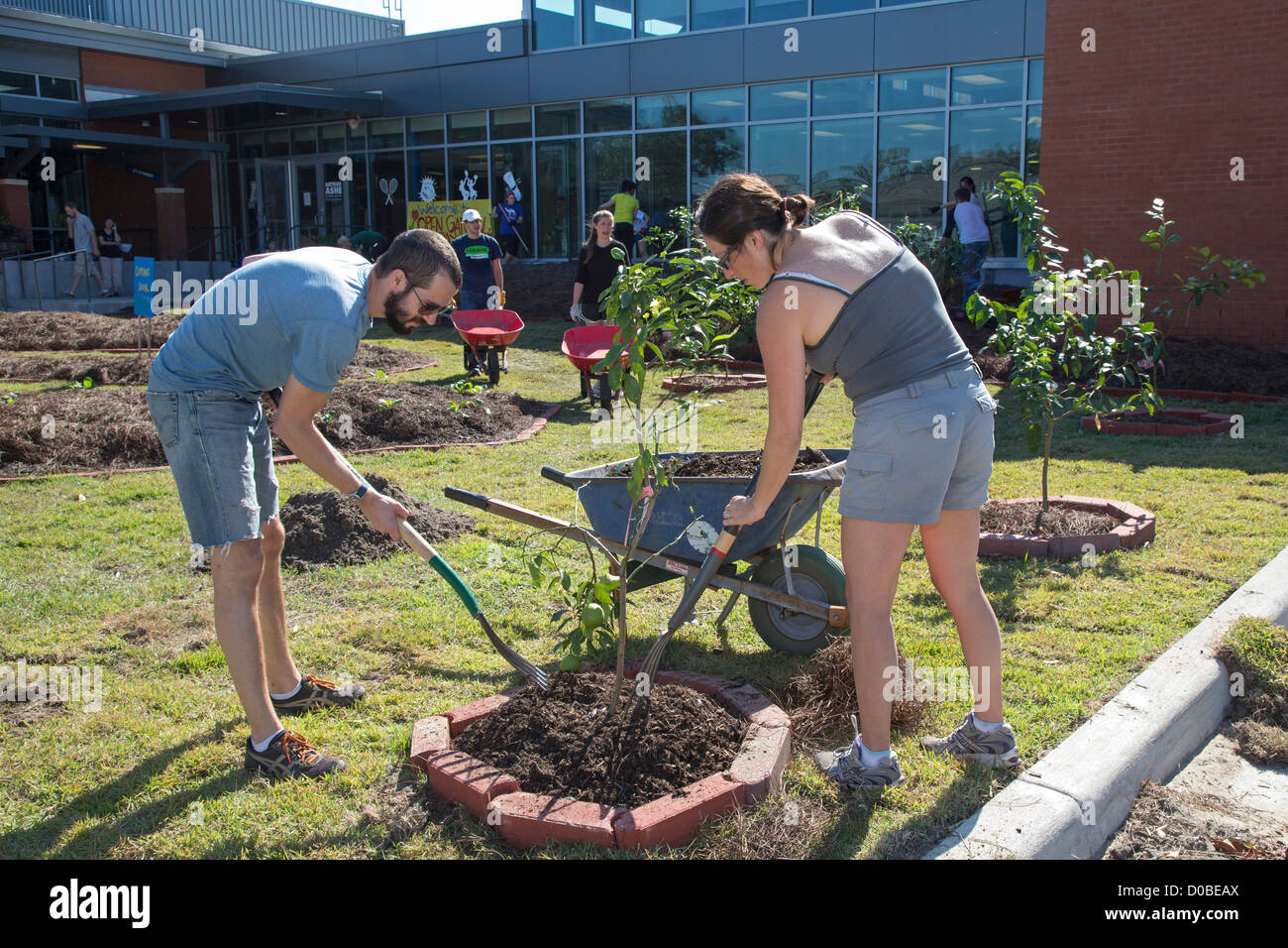 Volontari lavorano sul paesaggio e costruire un 'schoolyard commestibili" di Arthur Ashe Charter School di New Orleans. Foto Stock