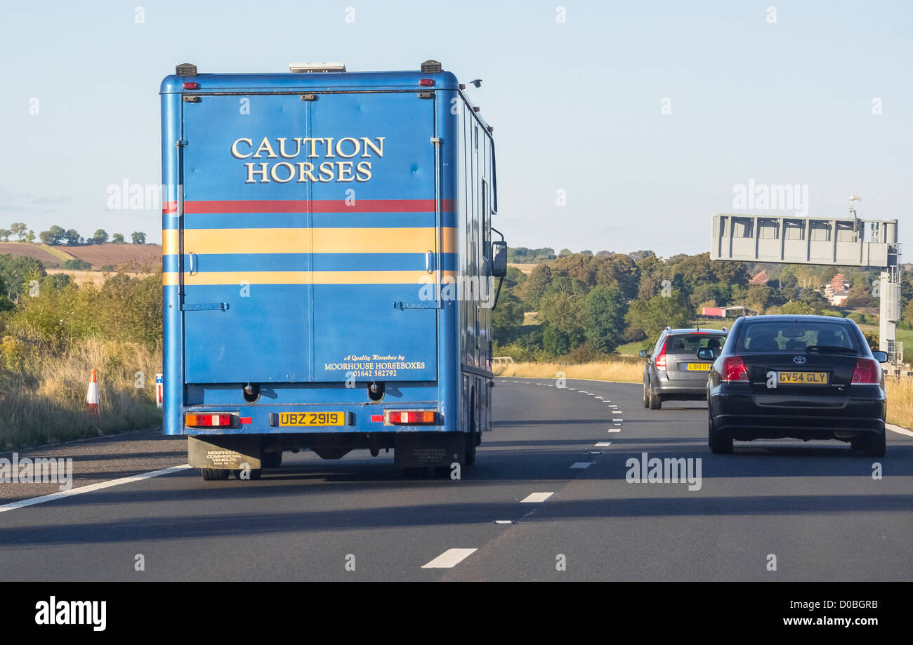 Un cavallo van percorrendo la A1 in una giornata di sole. Foto Stock