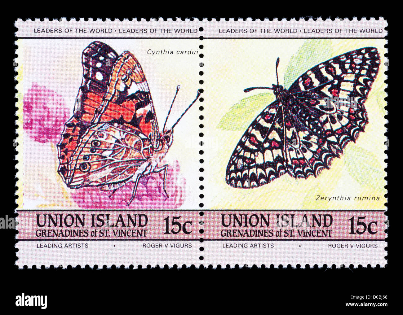 Francobollo da Union Island raffiguranti festoni di spagnolo e dipinto di lady farfalle (Cynthia cardui e Zerynthia rumina) Foto Stock