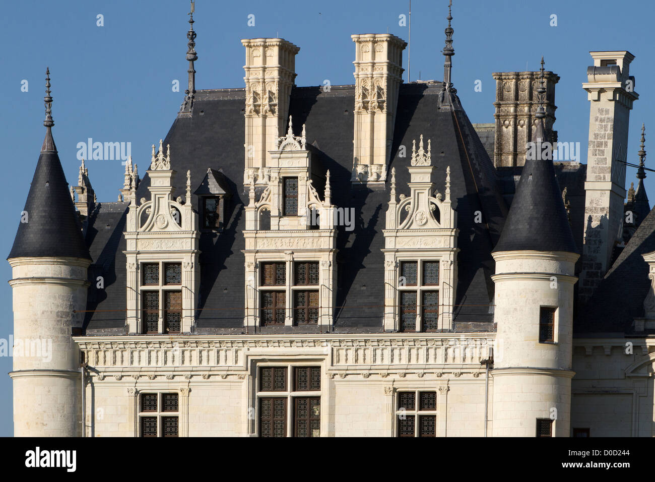Particolare della facciata con la sua architettura rinascimentale Windows e il camino Castello di Chenonceaux Indre-et-Loire (37) FRANCIA Foto Stock