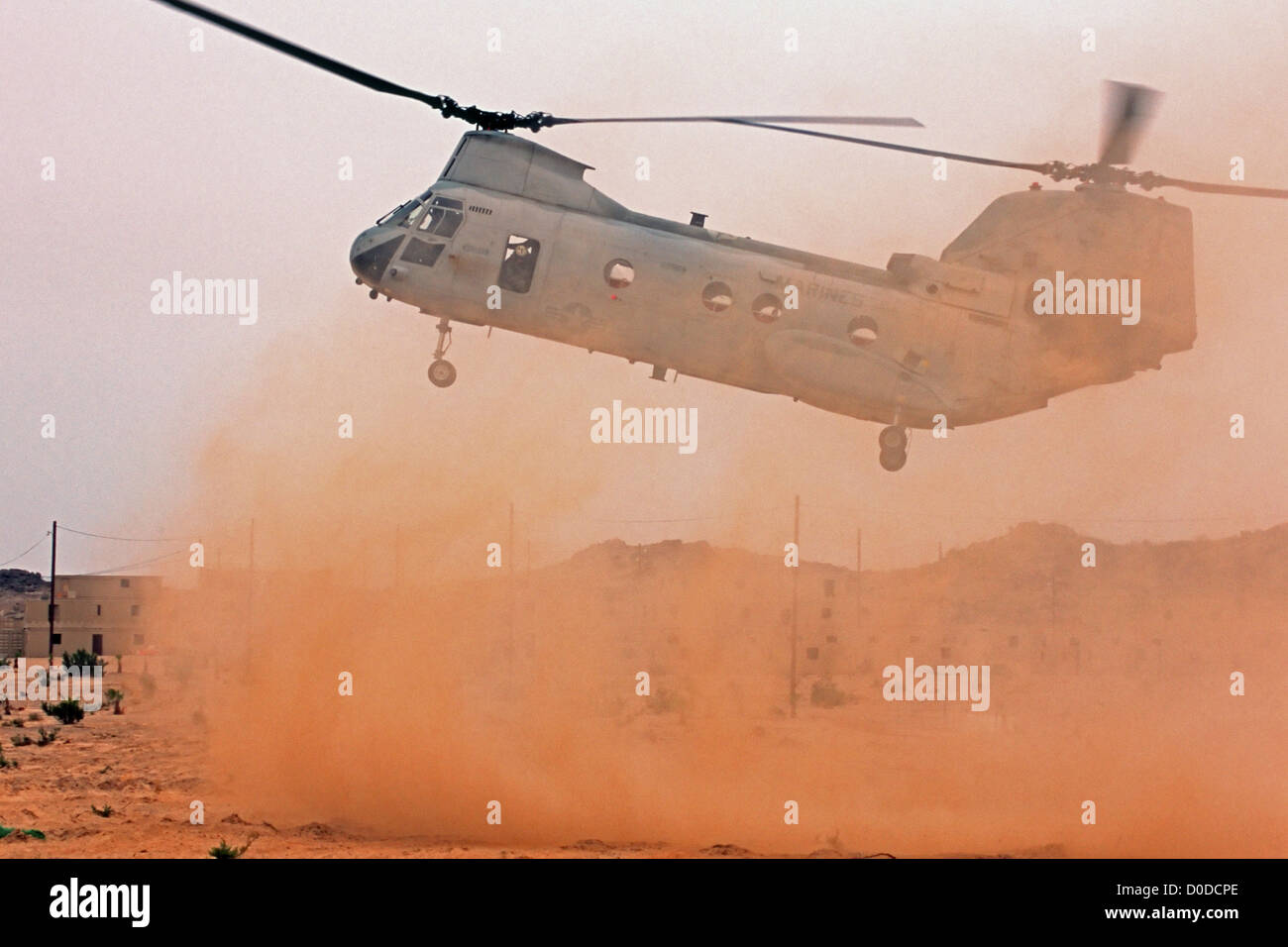 Un US Marine Corps CH-46 Sea Knight rende un approccio polveroso su un deserto elicottero zona di atterraggio Foto Stock