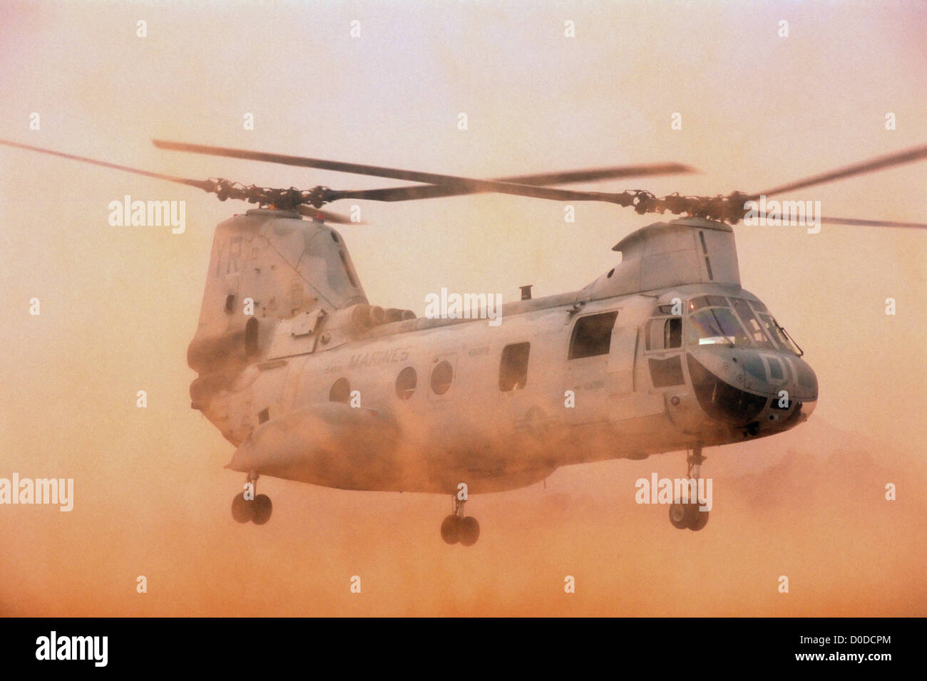 Un US Marine Corps CH-46 Sea Knight elicottero fa un atterraggio polverosi Foto Stock
