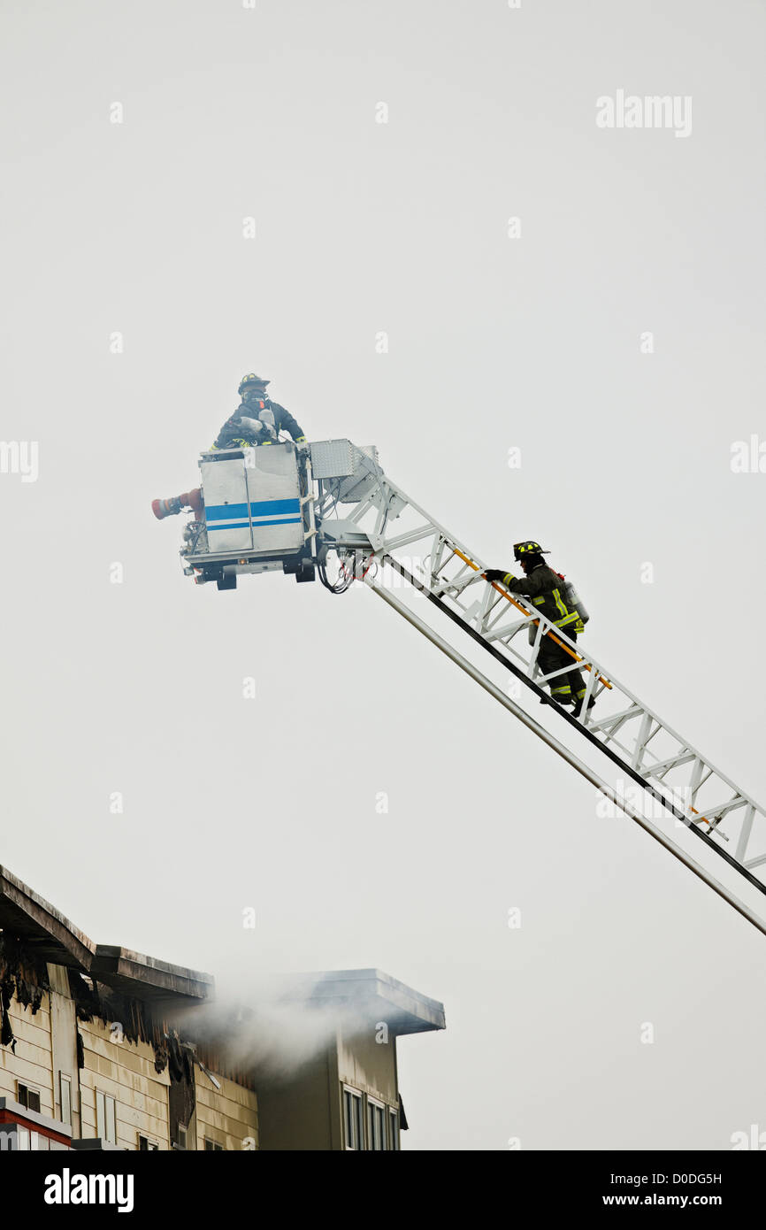 Due vigili del fuoco, uno in un cesto e uno scalare una scaletta, su una scala della torre, durante un incendio in un edificio a più piani. Foto Stock