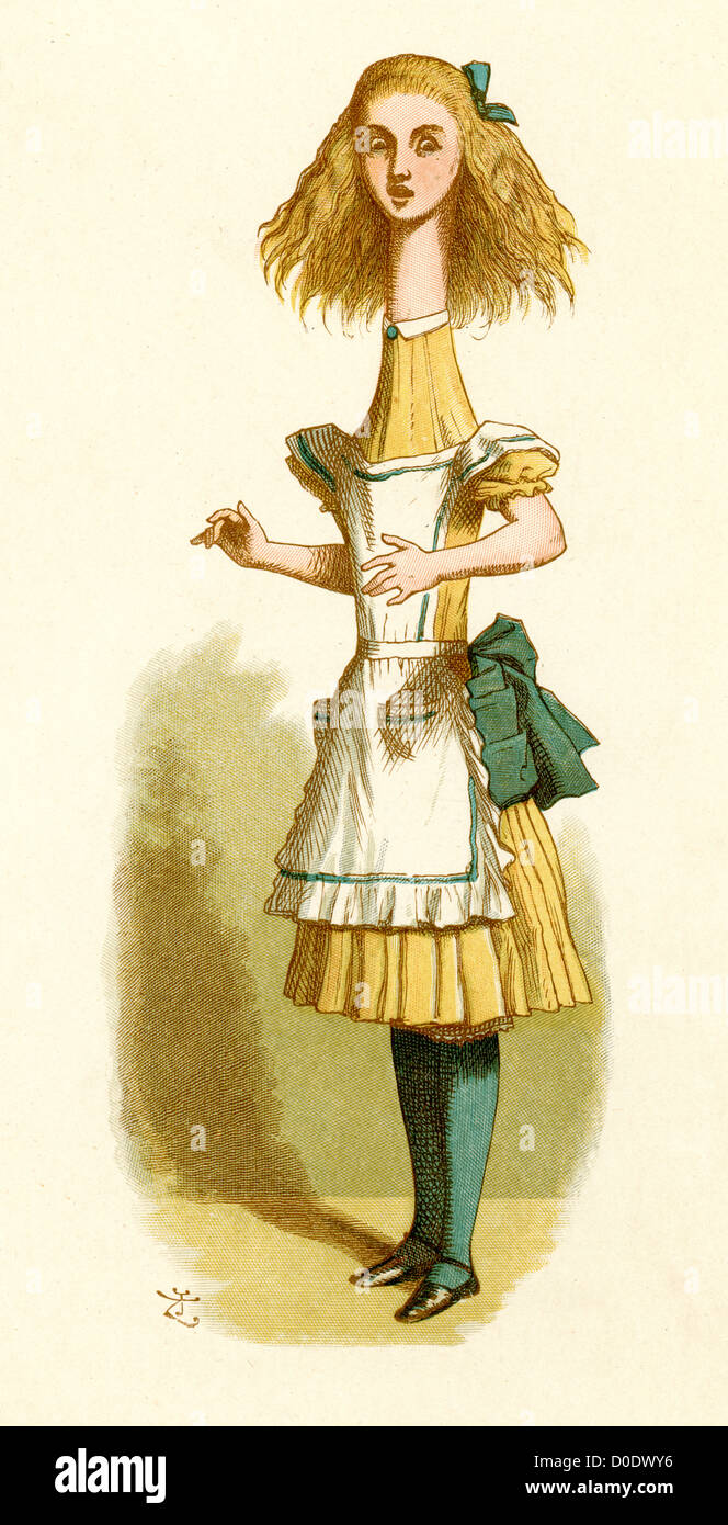 Alice è cresciuto di altezza, da Lewis Carroll storia di Alice nel paese delle meraviglie, illustrazione di Sir John Tenniel 1871 Foto Stock