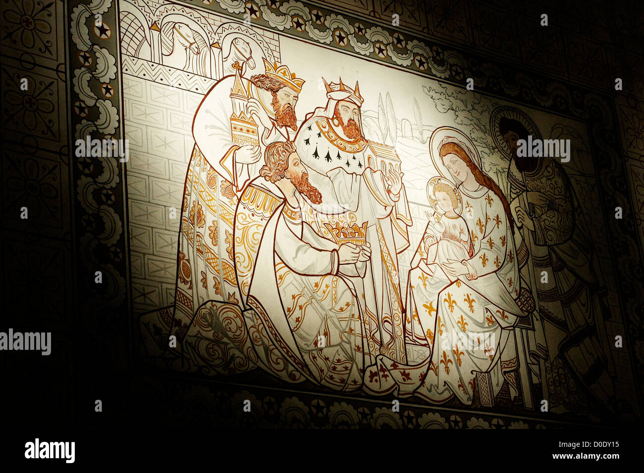 Una Natività dipinto sulla parete della St Martin's Church, Windermere nel Parco Nazionale del Distretto dei Laghi, Cumbria, Inghilterra. Foto Stock