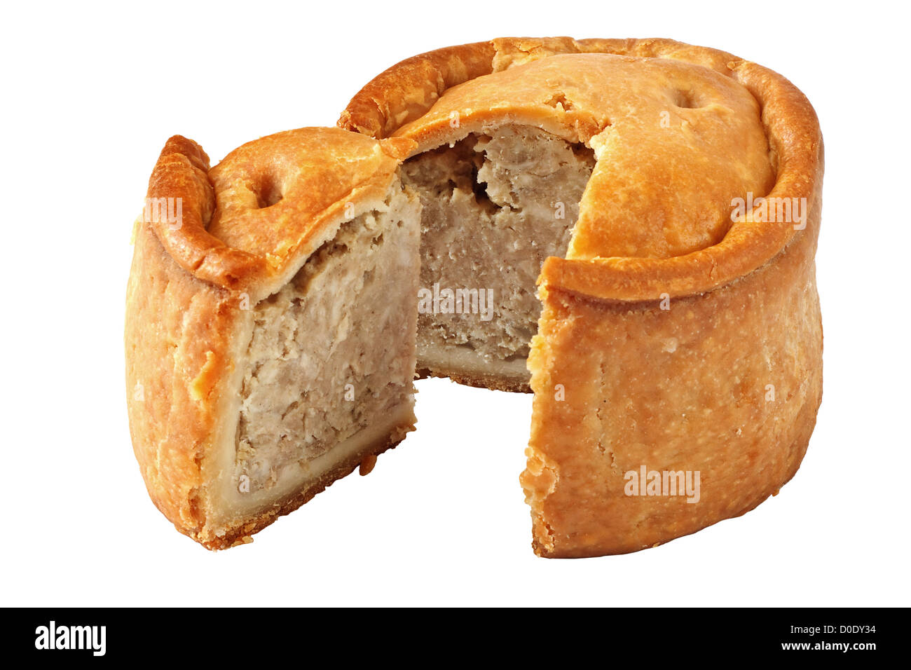 Un tradizionale a mano torta di maiale tradizionalmente chiamato Melton pasticci con la città di Melton Mowbray nelle Midlands, Inghilterra Foto Stock