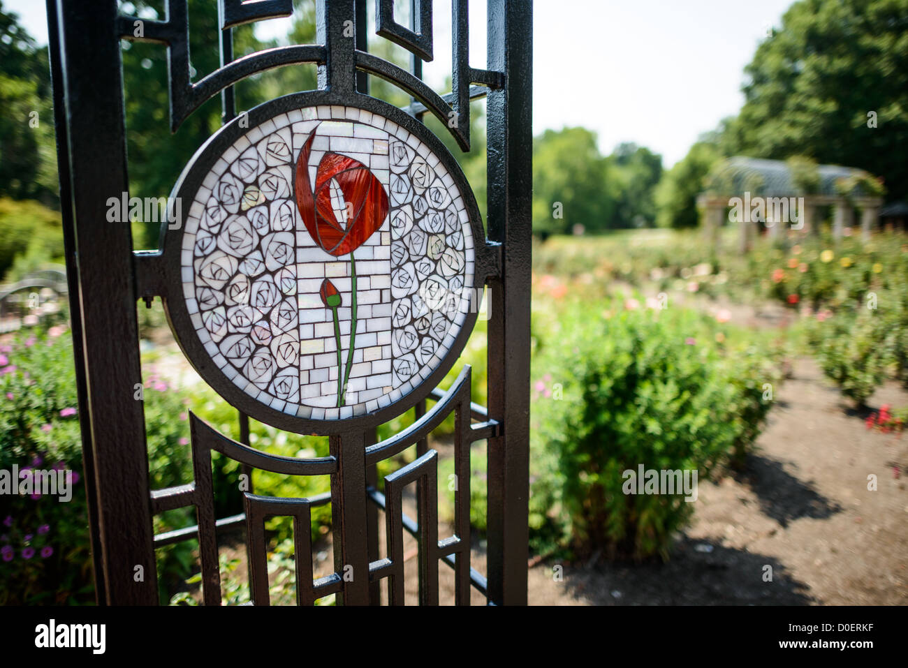 ARLINGTON, Virginia, Stati Uniti - il Bon Air Rose Garden espone una collezione diversificata di rose in un parco pubblico paesaggistico. Il giardino presenta sentieri pavimentati che consentono ai visitatori di vedere i vari esemplari di rose e le esposizioni. Situato nella contea di Arlington, questo giardino pubblico funge sia da vetrina orticola che da spazio per riunioni comunali. Foto Stock