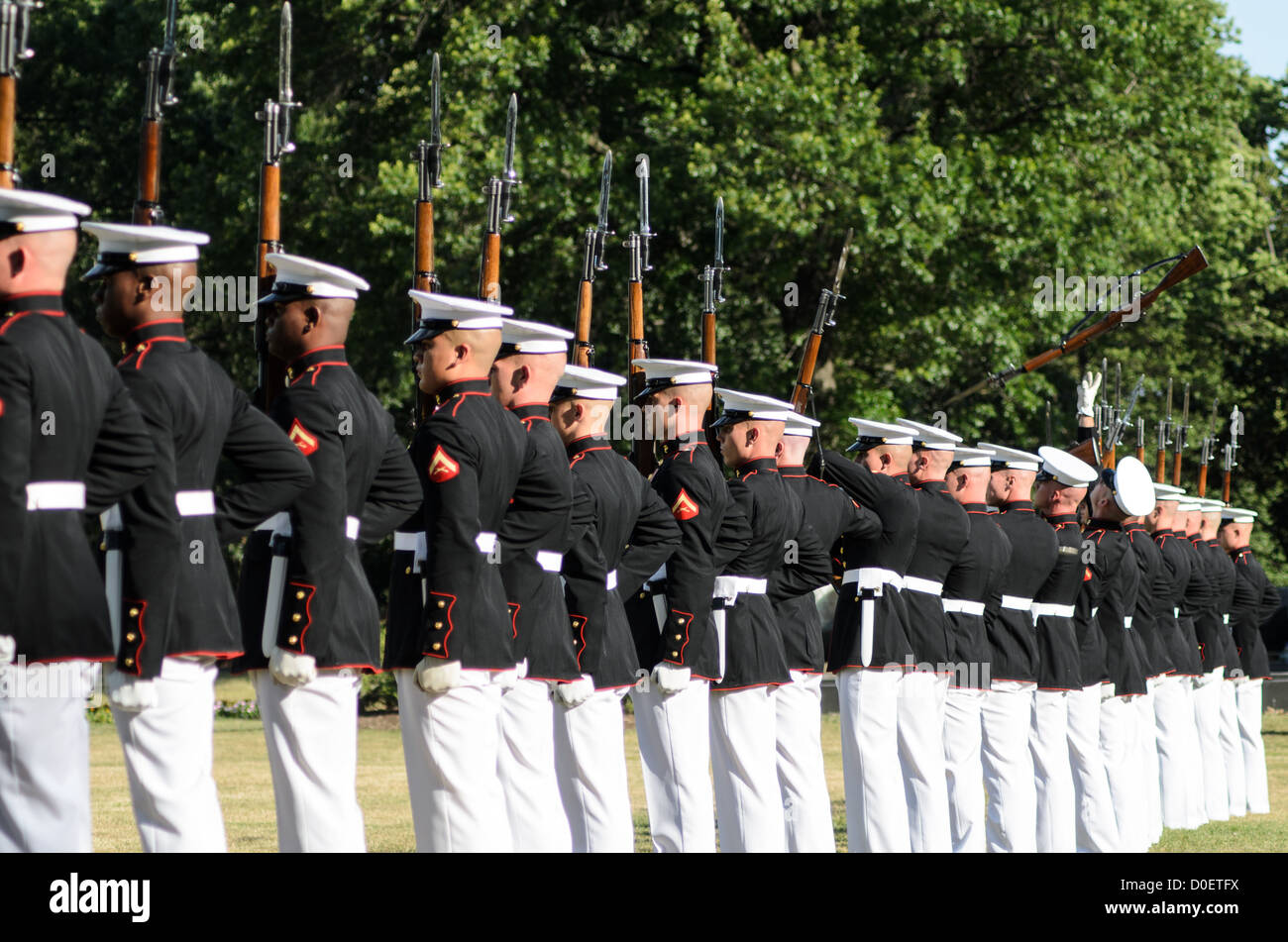 ARLINGTON, Virginia, Stati Uniti - il Marine Corps Silent Drill Platoon si esibisce durante la Sunset Parade al Marine Corps War Memorial, noto anche come Iwo Jima Memorial, ad Arlington, Virginia. La Sunset Parade, caratterizzata da movimenti di precisione e musica, si svolge il martedì sera durante i mesi estivi. L'iconico memoriale, raffigurante la bandiera che innalza su Iwo Jima, funge da sfondo drammatico per questa antica tradizione militare. Foto Stock
