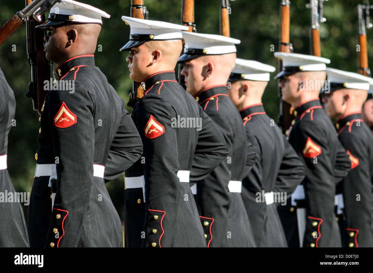 ARLINGTON, Virginia, Stati Uniti - il Marine Corps Silent Drill Platoon si esibisce durante la Sunset Parade al Marine Corps War Memorial, noto anche come Iwo Jima Memorial, ad Arlington, Virginia. La Sunset Parade, caratterizzata da movimenti di precisione e musica, si svolge il martedì sera durante i mesi estivi. L'iconico memoriale, raffigurante la bandiera che innalza su Iwo Jima, funge da sfondo drammatico per questa antica tradizione militare. Foto Stock