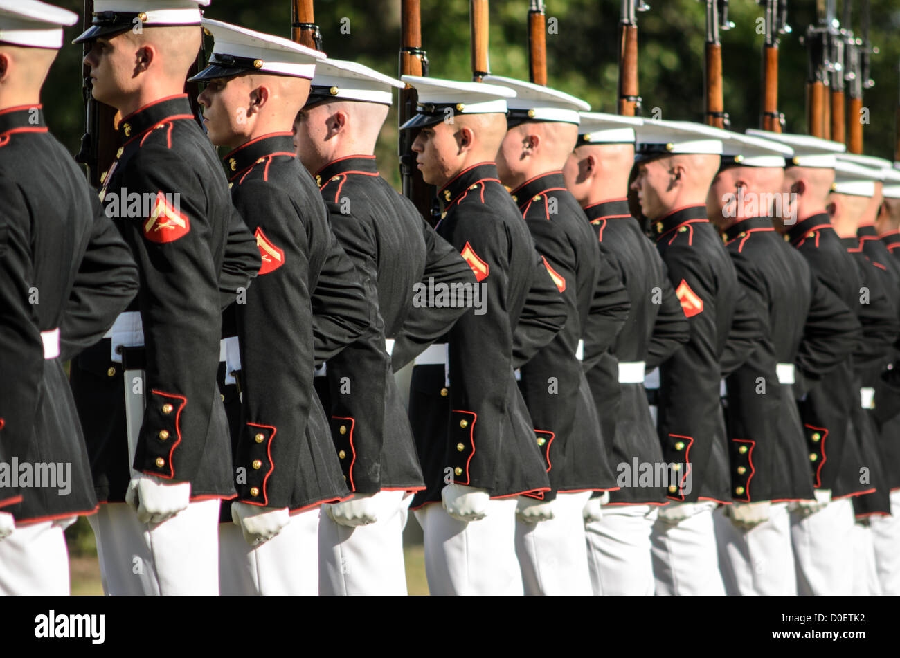 ARLINGTON, Virginia, Stati Uniti - il Marine Corps Silent Drill Platoon si esibisce durante la Sunset Parade al Marine Corps War Memorial, noto anche come Iwo Jima Memorial, ad Arlington, Virginia. La Sunset Parade, caratterizzata da movimenti di precisione e musica, si svolge il martedì sera durante i mesi estivi. L'iconico memoriale, raffigurante la bandiera che innalza su Iwo Jima, funge da sfondo drammatico per questa antica tradizione militare. Foto Stock