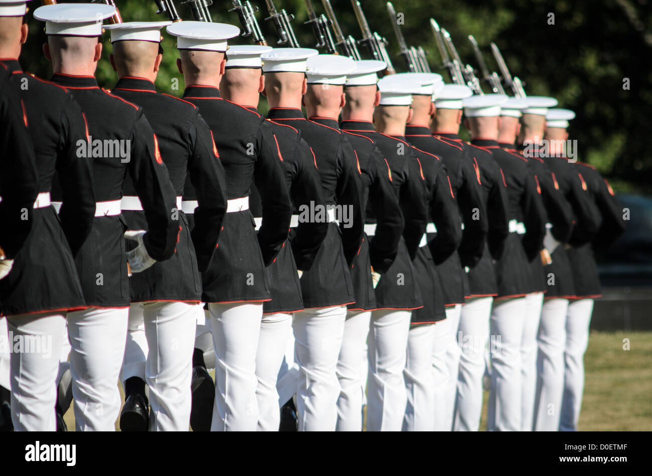 ARLINGTON, Virginia, Stati Uniti - il Marine Corps Silent Drill Platoon si esibisce durante la Sunset Parade al Marine Corps War Memorial, noto anche come Iwo Jima Memorial, ad Arlington, Virginia. La Sunset Parade, caratterizzata da movimenti di precisione e musica, si svolge il martedì sera durante i mesi estivi. L'iconico memoriale, raffigurante la bandiera che innalza su Iwo Jima, funge da sfondo drammatico per questa antica tradizione militare. Foto Stock