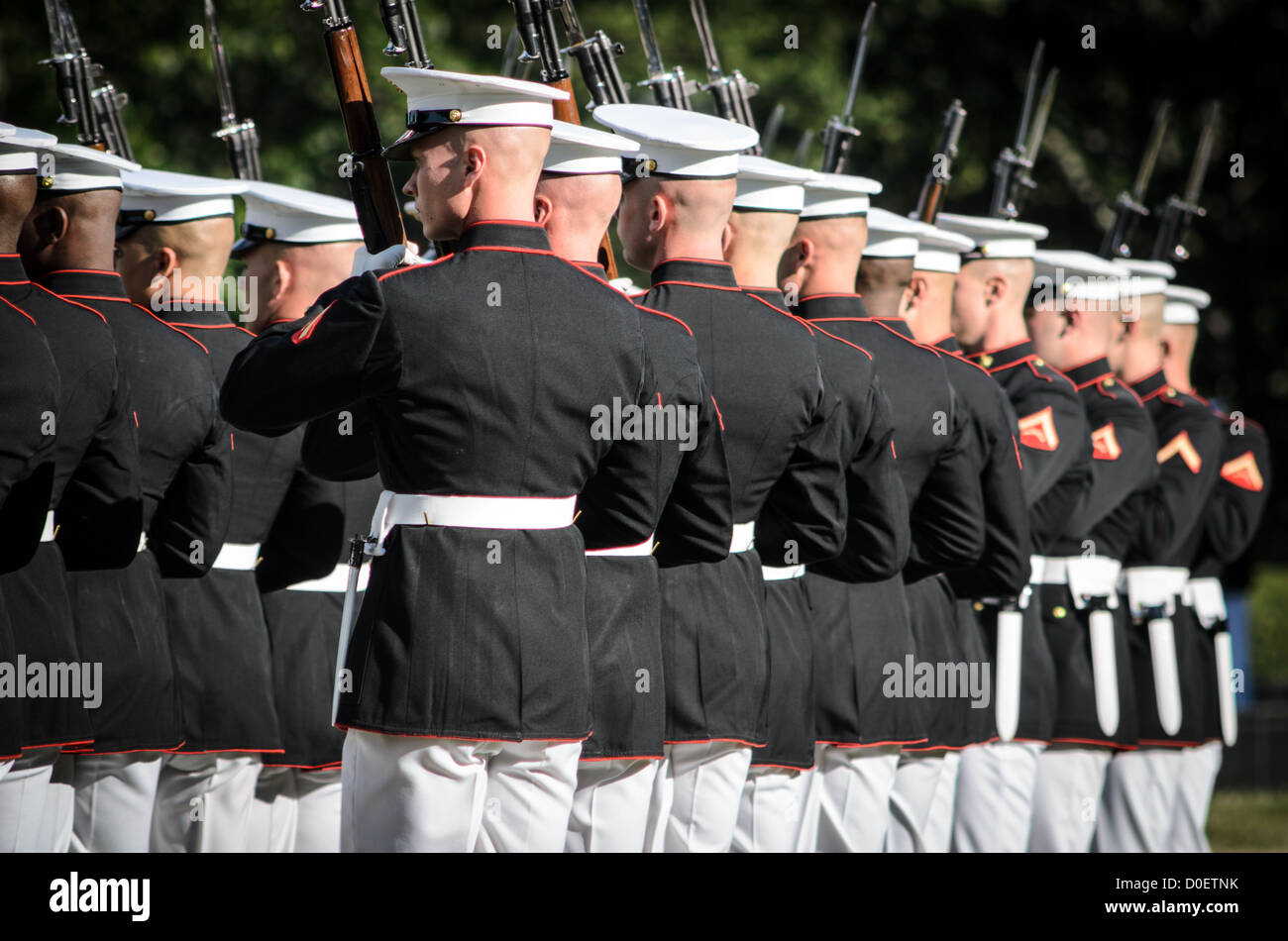 ARLINGTON, Virginia, Stati Uniti - il Marine Corps Silent Drill Platoon si esibisce durante la Sunset Parade al Marine Corps War Memorial, noto anche come Iwo Jima Memorial, ad Arlington, Virginia. La Sunset Parade, caratterizzata da movimenti di precisione e musica, si svolge il martedì sera durante i mesi estivi. L'iconico memoriale, raffigurante la bandiera che innalza su Iwo Jima, funge da sfondo drammatico per questa antica tradizione militare. Foto Stock