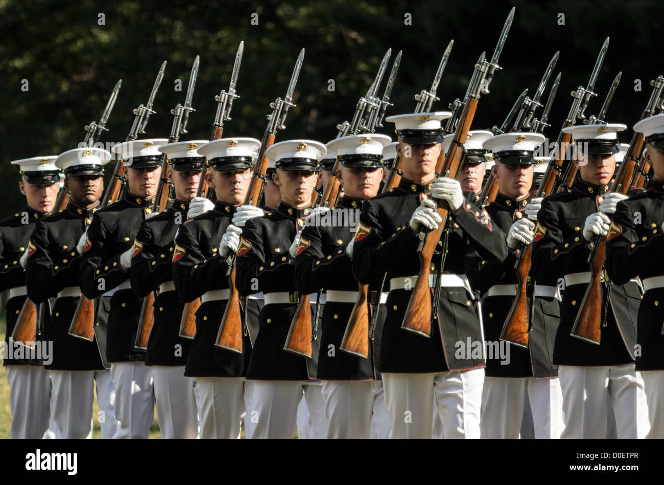 ARLINGTON, Virginia, Stati Uniti - il Marine Corps Silent Drill Platoon si esibisce durante la Sunset Parade al Marine Corps War Memorial, noto anche come Iwo Jima Memorial, ad Arlington, Virginia. La Sunset Parade, caratterizzata da movimenti di precisione e musica, si svolge il martedì sera durante i mesi estivi. L'iconico memoriale, raffigurante la bandiera che innalza su Iwo Jima, funge da sfondo drammatico per questa antica tradizione militare. Foto Stock