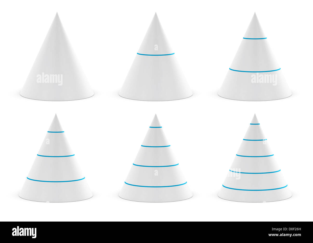 Serie di coni per la presentazione dei dati con diversi livelli, separatore Blu, Grafica su bianco Foto Stock