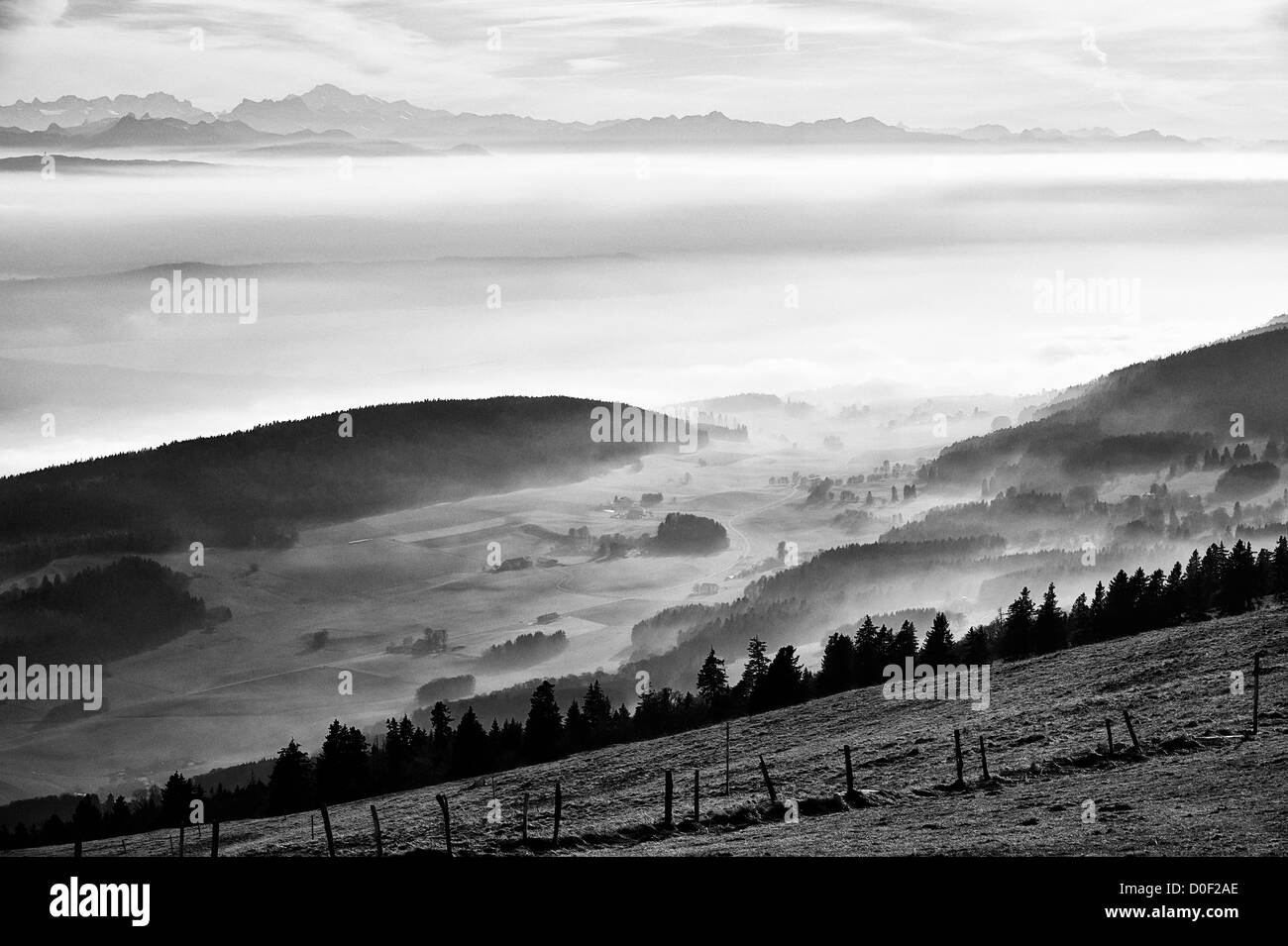 Vista dal Monte Chasseral (Giura) attraverso il coperto nebbia Altopiano svizzero e il cantone di Berna verso le alpi svizzere. Foto Stock