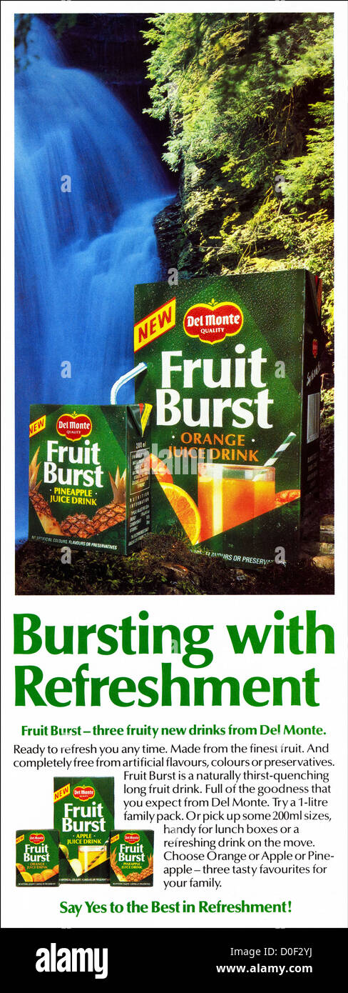 Originale degli anni ottanta per la pubblicità a mezzo stampa dal consumatore inglese pubblicità su riviste Del Monte Fruit Burst bere succo di frutta Foto Stock