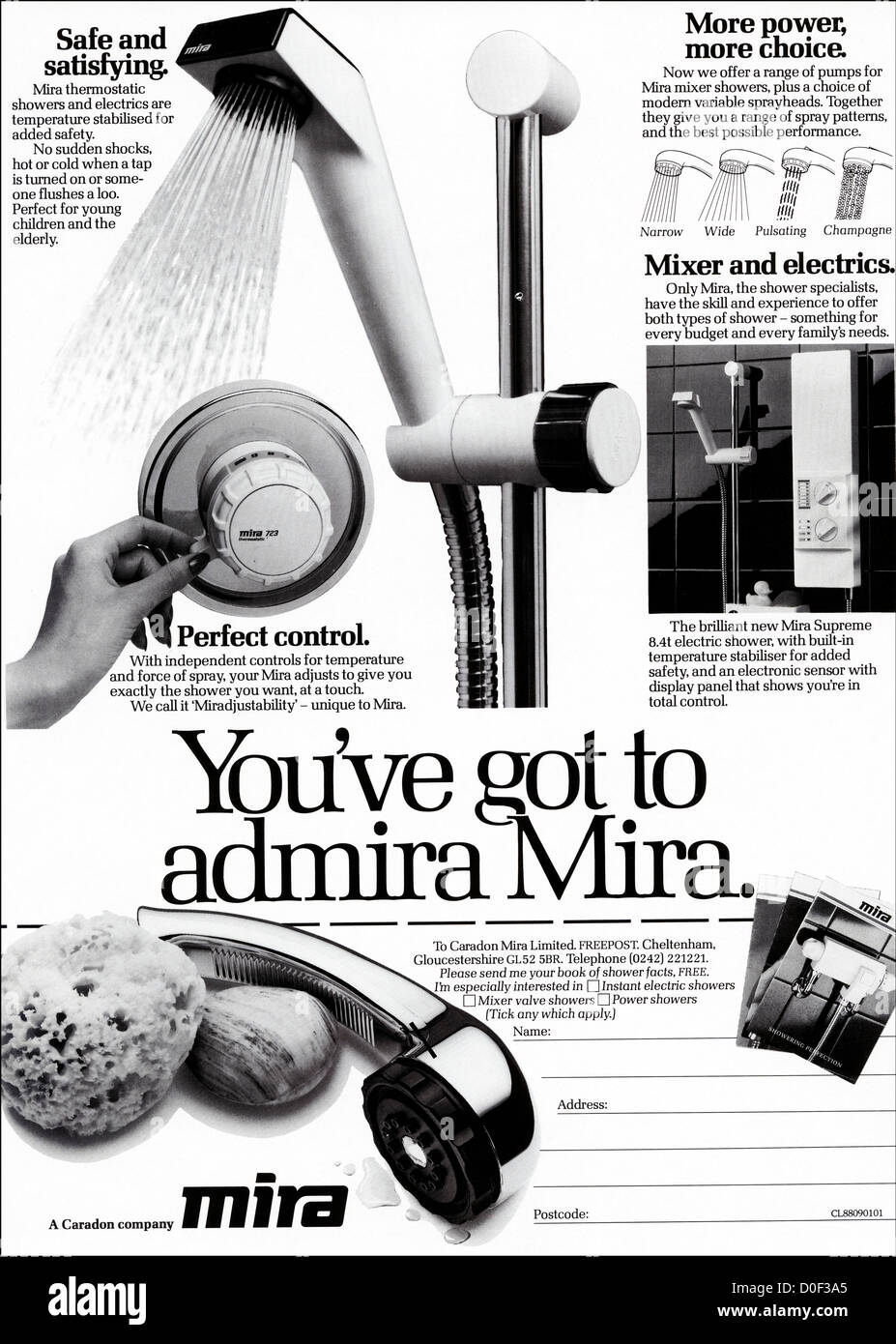 Originale degli anni ottanta per la pubblicità a mezzo stampa dal consumatore inglese magazine pubblicità Mira con doccia elettrica Foto Stock