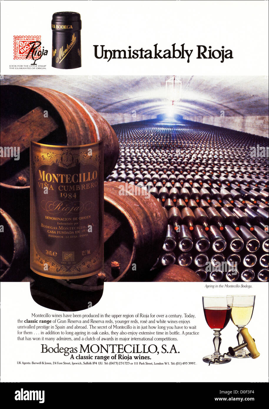 Originale degli anni ottanta per la pubblicità a mezzo stampa dal consumatore inglese pubblicità su riviste Rioja Bodegas Montecillo vino Spagnolo Foto Stock