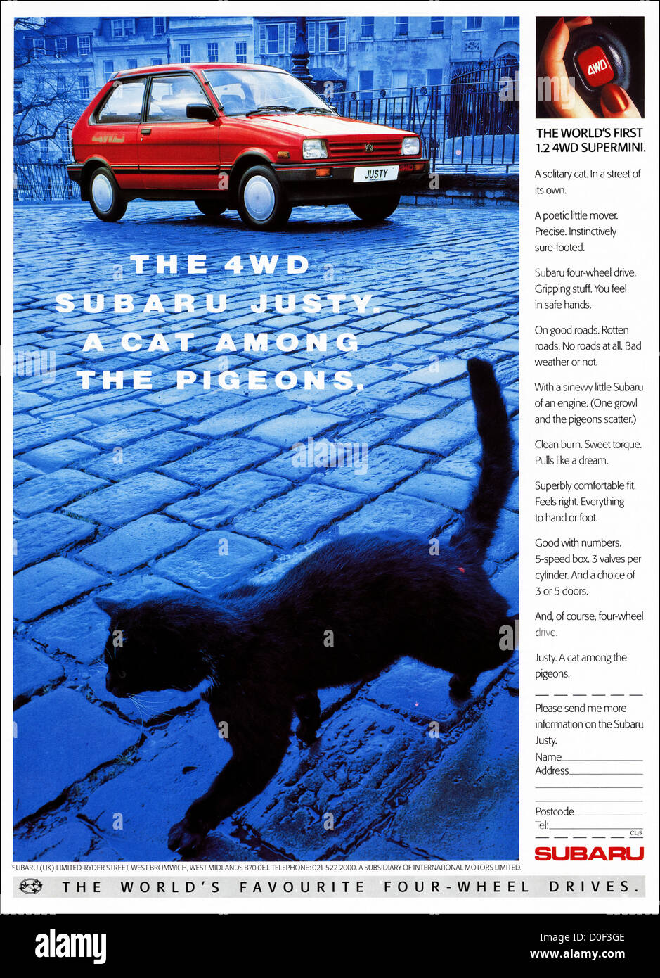 Originale degli anni ottanta per la pubblicità a mezzo stampa dal consumatore inglese magazine pubblicità Subaru Justy 4x4 supermini car Foto Stock Originale degli anni ottanta per la pubblicità a mezzo stampa dal consumatore inglese magazine pubblicità Subaru Justy 4x4 supermini car Foto Stock