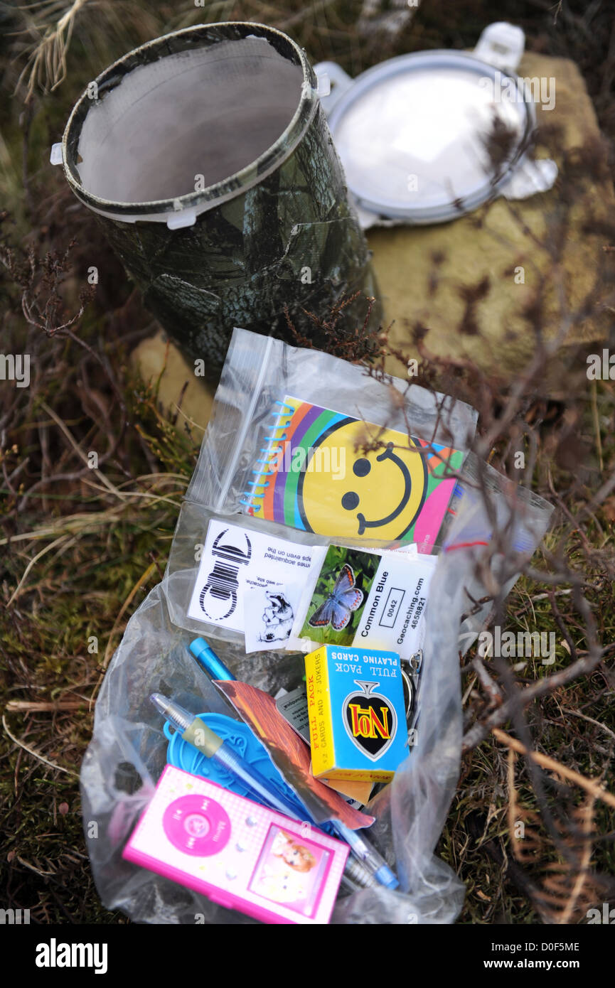 Geocache travel bug trovati nei pressi di Castleton in North York Moors National Park. Foto Stock