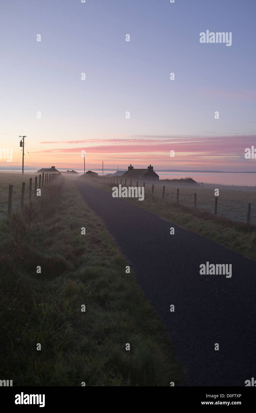 Dh ORPHIR ORKNEY cottage nella nebbia alba su Scapa rugiada portata uk sun rise Foto Stock